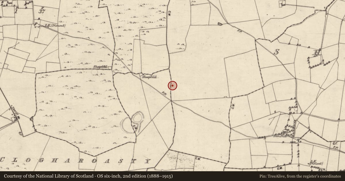 Ordnance Survey six-inch map, 2nd edition (1888–1915) covering the location of Enclosure, Clogharoasty, Corbaun, County Galway, with a pin at the register's coordinates