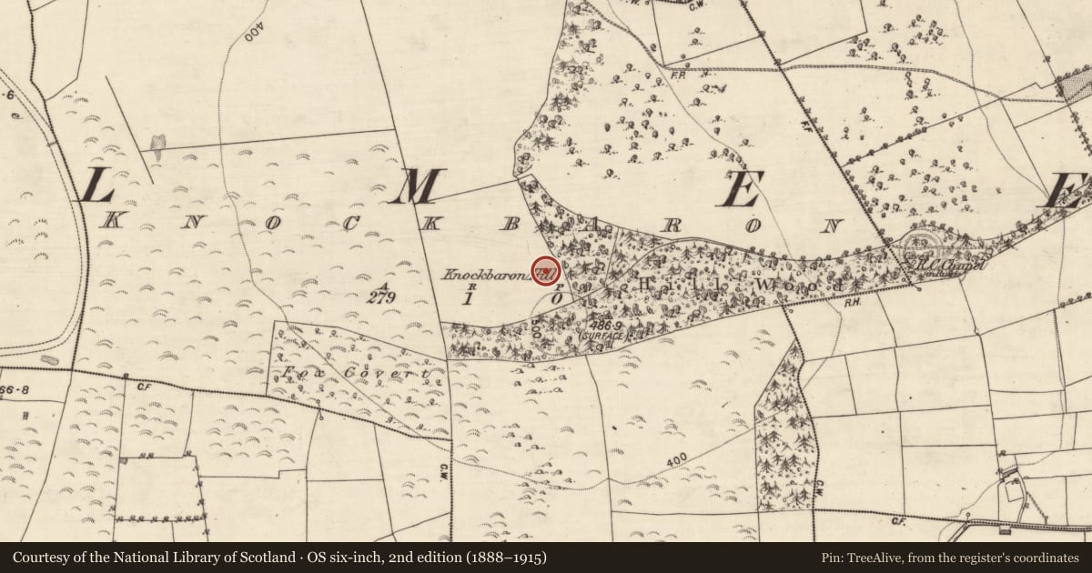 Ordnance Survey six-inch map, 2nd edition (1888–1915) covering the location of Enclosure, Knockbaron, County Galway, with a pin at the register's coordinates