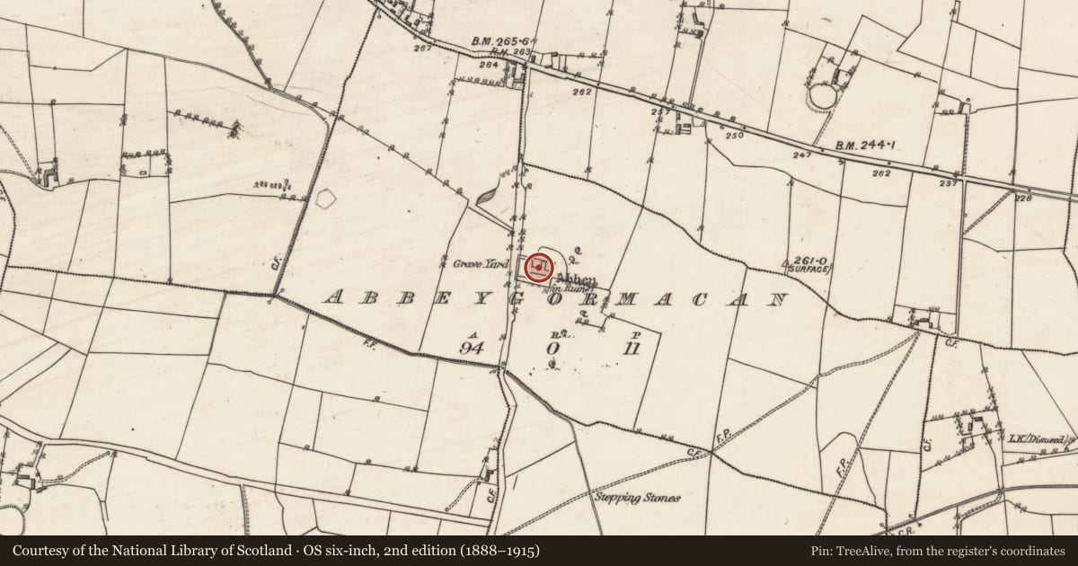 Ordnance Survey six-inch map, 2nd edition (1888–1915) covering the location of Wall monument, Abbeygormacan, County Galway, with a pin at the register's coordinates