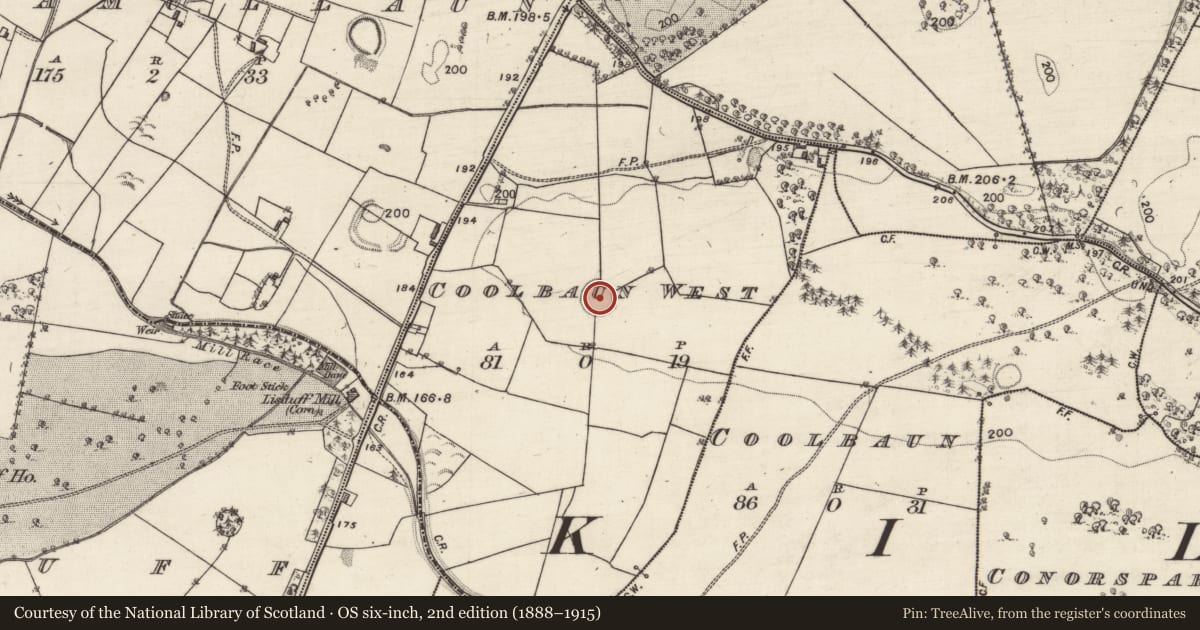 Ordnance Survey six-inch map, 2nd edition (1888–1915) covering the location of Enclosure, Coolbaun West, County Galway, with a pin at the register's coordinates