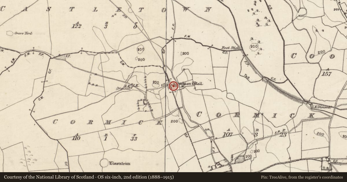 Ordnance Survey six-inch map, 2nd edition (1888–1915) covering the location of Ritual site - holy well, Cormick, County Galway, with a pin at the register's coordinates