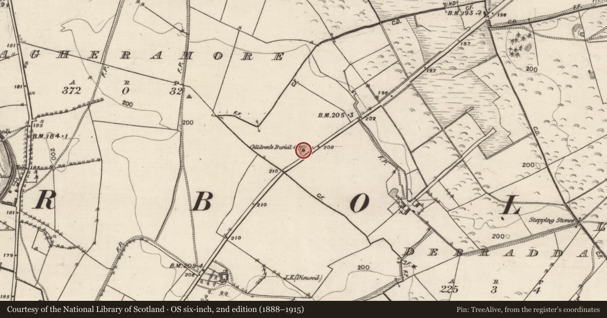 Ordnance Survey six-inch map, 2nd edition (1888–1915) covering the location of Children's burial ground, Derradda, County Galway, with a pin at the register's coordinates