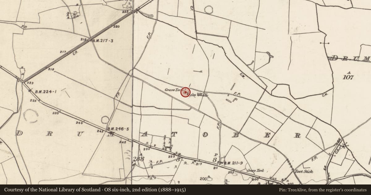 Ordnance Survey six-inch map, 2nd edition (1888–1915) covering the location of Children's burial ground, Drumatober, County Galway, with a pin at the register's coordinates