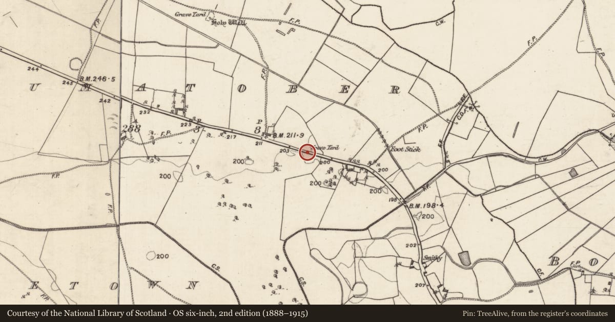 Ordnance Survey six-inch map, 2nd edition (1888–1915) covering the location of Children's burial ground, Drumatober, County Galway, with a pin at the register's coordinates