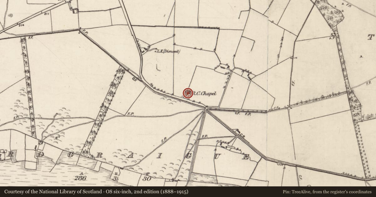 Ordnance Survey six-inch map, 2nd edition (1888–1915) covering the location of Church, Killachunna, County Galway, with a pin at the register's coordinates