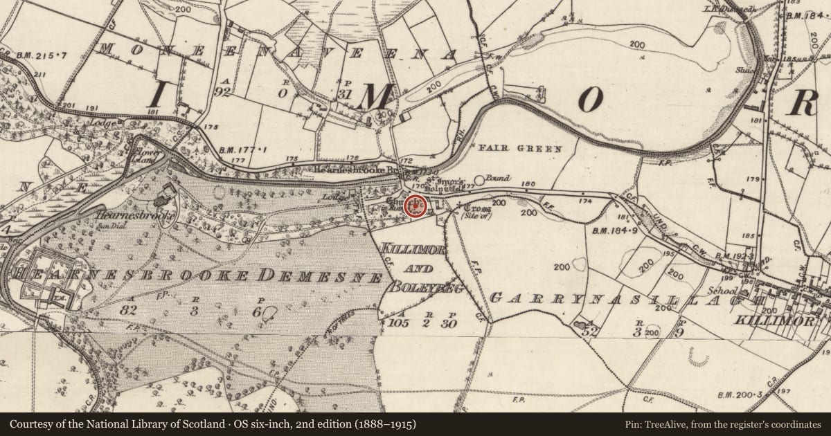 Ordnance Survey six-inch map, 2nd edition (1888–1915) covering the location of Church, Killimor And Boleybeg, County Galway, with a pin at the register's coordinates