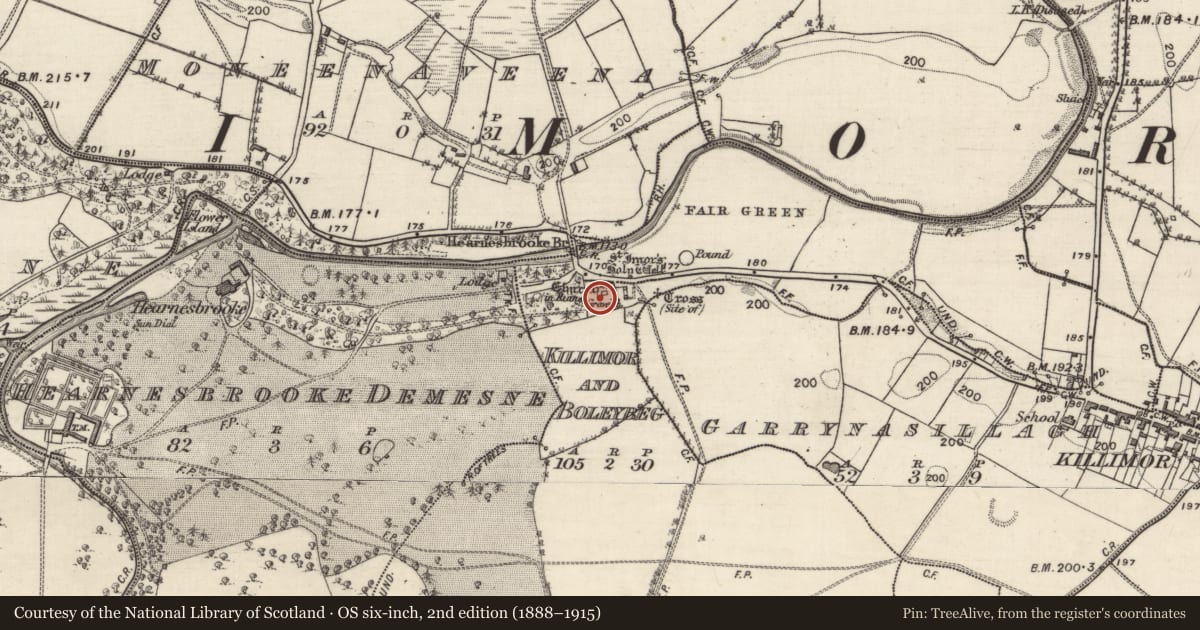 Ordnance Survey six-inch map, 2nd edition (1888–1915) covering the location of Graveyard, Killimor And Boleybeg, County Galway, with a pin at the register's coordinates