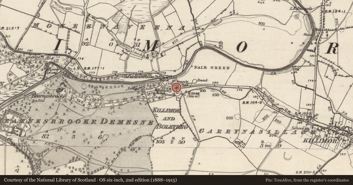 Ordnance Survey six-inch map, 2nd edition (1888–1915) covering the location of Ritual site - holy well, Killimor And Boleybeg, County Galway, with a pin at the register's coordinates