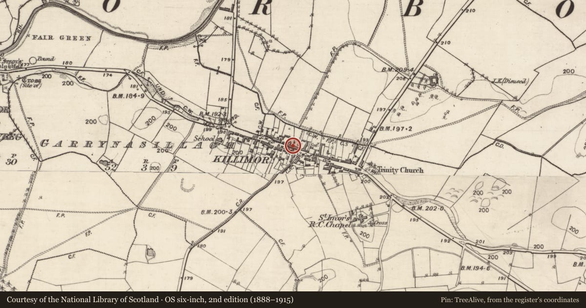 Ordnance Survey six-inch map, 2nd edition (1888–1915) covering the location of Church, Garryad And Garryduff, County Galway, with a pin at the register's coordinates