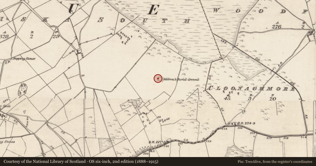 Ordnance Survey six-inch map, 2nd edition (1888–1915) covering the location of Children's burial ground, Lissaniska South, County Galway, with a pin at the register's coordinates