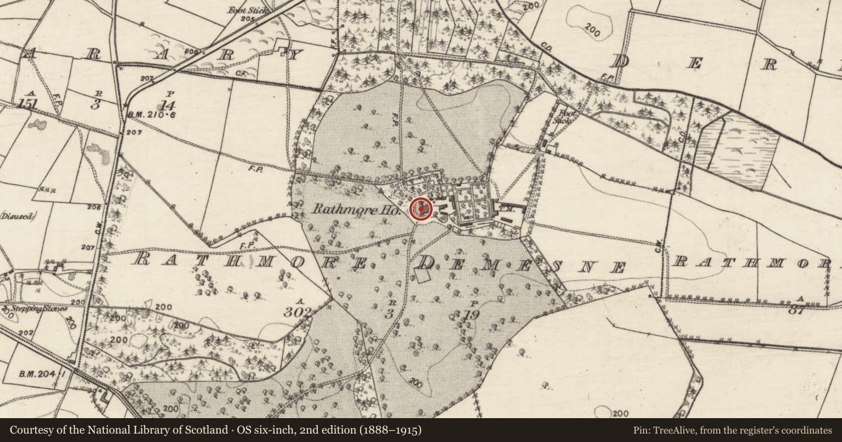 Ordnance Survey six-inch map, 2nd edition (1888–1915) covering the location of Country house, Rathmore Demesne, County Galway, with a pin at the register's coordinates