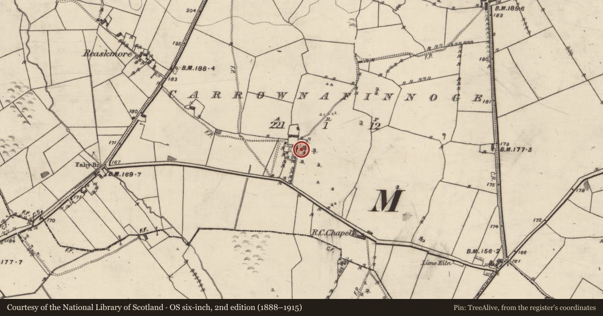 Ordnance Survey six-inch map, 2nd edition (1888–1915) covering the location of House - 18th/19th century, Carrownafinnoge, County Galway, with a pin at the register's coordinates