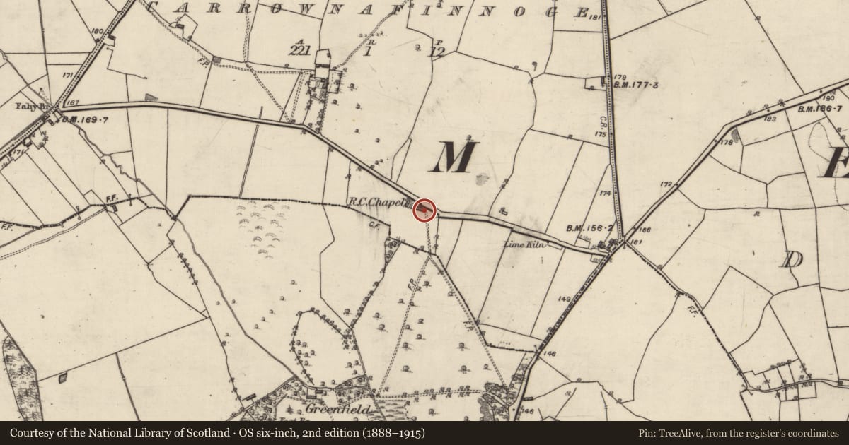 Ordnance Survey six-inch map, 2nd edition (1888–1915) covering the location of Church, Carrownafinnoge, County Galway, with a pin at the register's coordinates