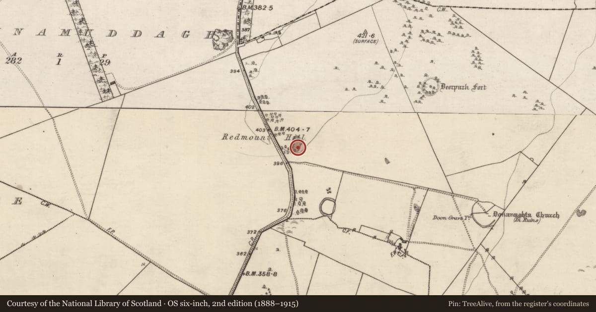 Ordnance Survey six-inch map, 2nd edition (1888–1915) covering the location of Quarry, Eyrecourt Demesne, County Galway, with a pin at the register's coordinates