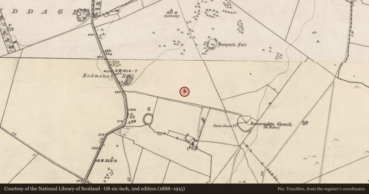 Ordnance Survey six-inch map, 2nd edition (1888–1915) covering the location of Quarry, Eyrecourt Demesne, County Galway, with a pin at the register's coordinates