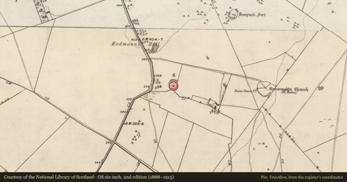 Ordnance Survey six-inch map, 2nd edition (1888–1915) covering the location of Souterrain, Eyrecourt Demesne, County Galway, with a pin at the register's coordinates