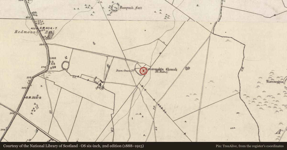 Ordnance Survey six-inch map, 2nd edition (1888–1915) covering the location of Church, Eyrecourt Demesne, County Galway, with a pin at the register's coordinates