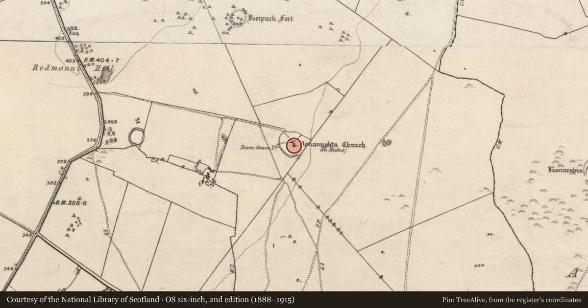 Ordnance Survey six-inch map, 2nd edition (1888–1915) covering the location of Ecclesiastical enclosure, Eyrecourt Demesne, County Galway, with a pin at the register's coordinates