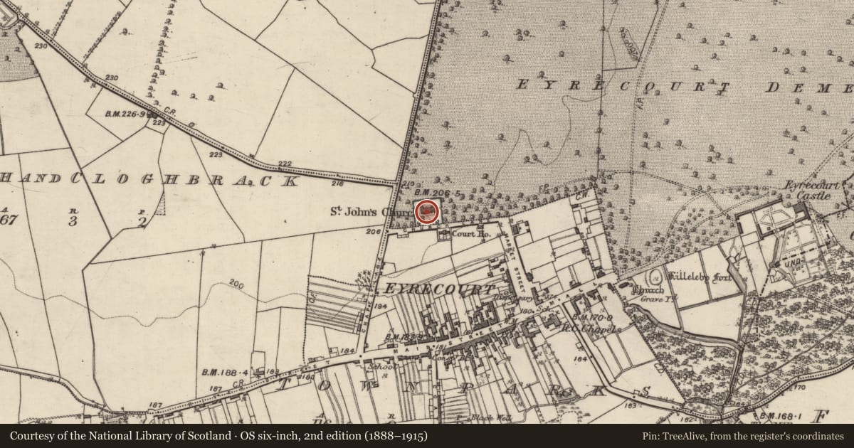 Ordnance Survey six-inch map, 2nd edition (1888–1915) covering the location of Church, Eyrecourt Demesne, County Galway, with a pin at the register's coordinates