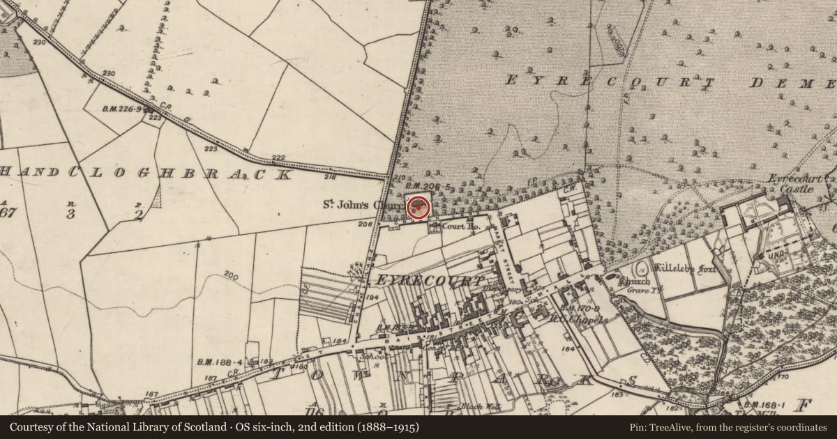 Ordnance Survey six-inch map, 2nd edition (1888–1915) covering the location of Graveyard, Eyrecourt Demesne, County Galway, with a pin at the register's coordinates