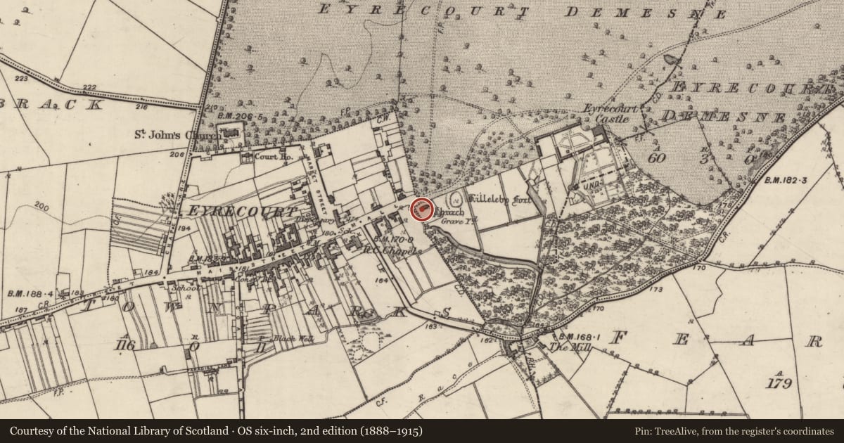 Ordnance Survey six-inch map, 2nd edition (1888–1915) covering the location of Church, Eyrecourt Demesne, County Galway, with a pin at the register's coordinates