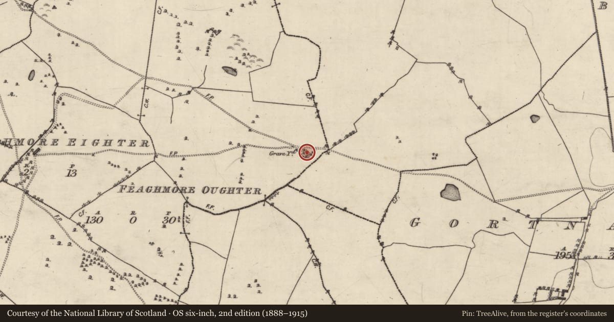 Ordnance Survey six-inch map, 2nd edition (1888–1915) covering the location of Burial ground, Feaghmore Oughter, County Galway, with a pin at the register's coordinates