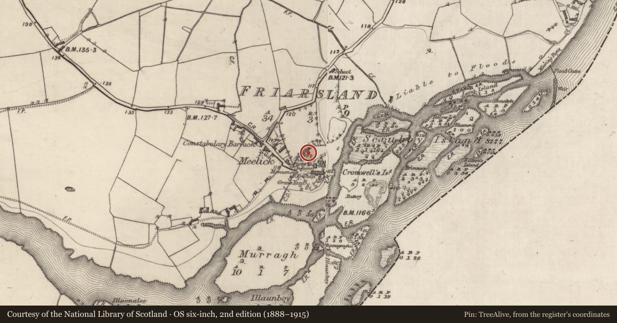 Ordnance Survey six-inch map, 2nd edition (1888–1915) covering the location of Water mill - horizontal-wheeled, Friarsland, County Galway, with a pin at the register's coordinates
