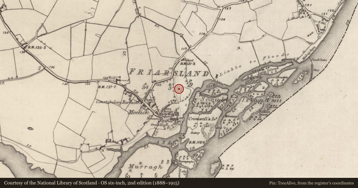 Ordnance Survey six-inch map, 2nd edition (1888–1915) covering the location of Earthwork, Friarsland, County Galway, with a pin at the register's coordinates