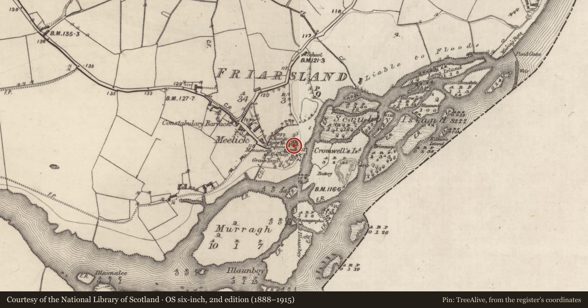 Ordnance Survey six-inch map, 2nd edition (1888–1915) covering the location of Chapel, Friarsland, County Galway, with a pin at the register's coordinates