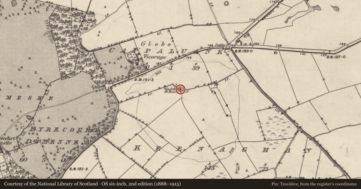 Ordnance Survey six-inch map, 2nd edition (1888–1915) covering the location of Windmill, Keenaghan, County Galway, with a pin at the register's coordinates