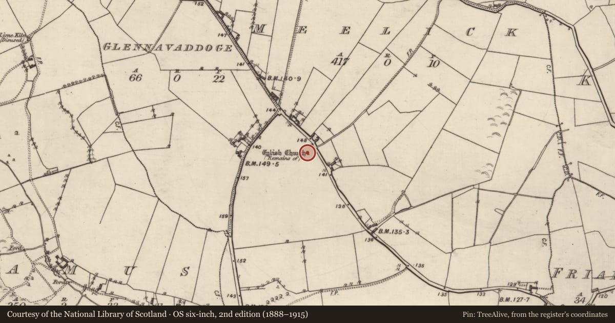 Ordnance Survey six-inch map, 2nd edition (1888–1915) covering the location of Church, Meelick, County Galway, with a pin at the register's coordinates