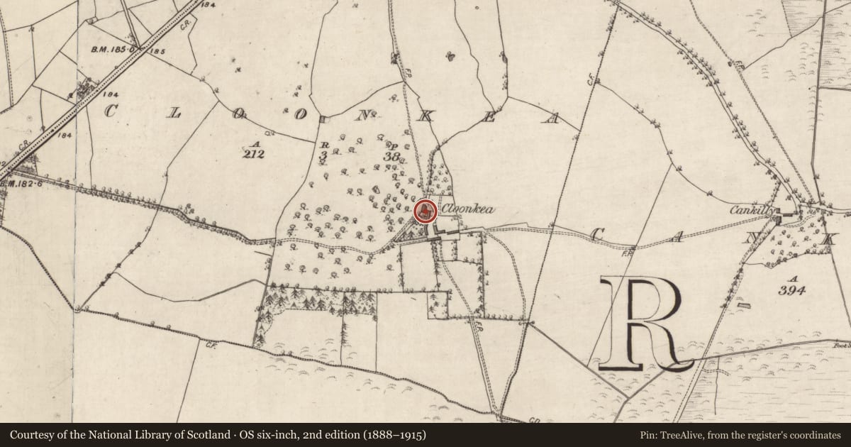 Ordnance Survey six-inch map, 2nd edition (1888–1915) covering the location of Armorial plaque, Cloonkea, County Galway, with a pin at the register's coordinates