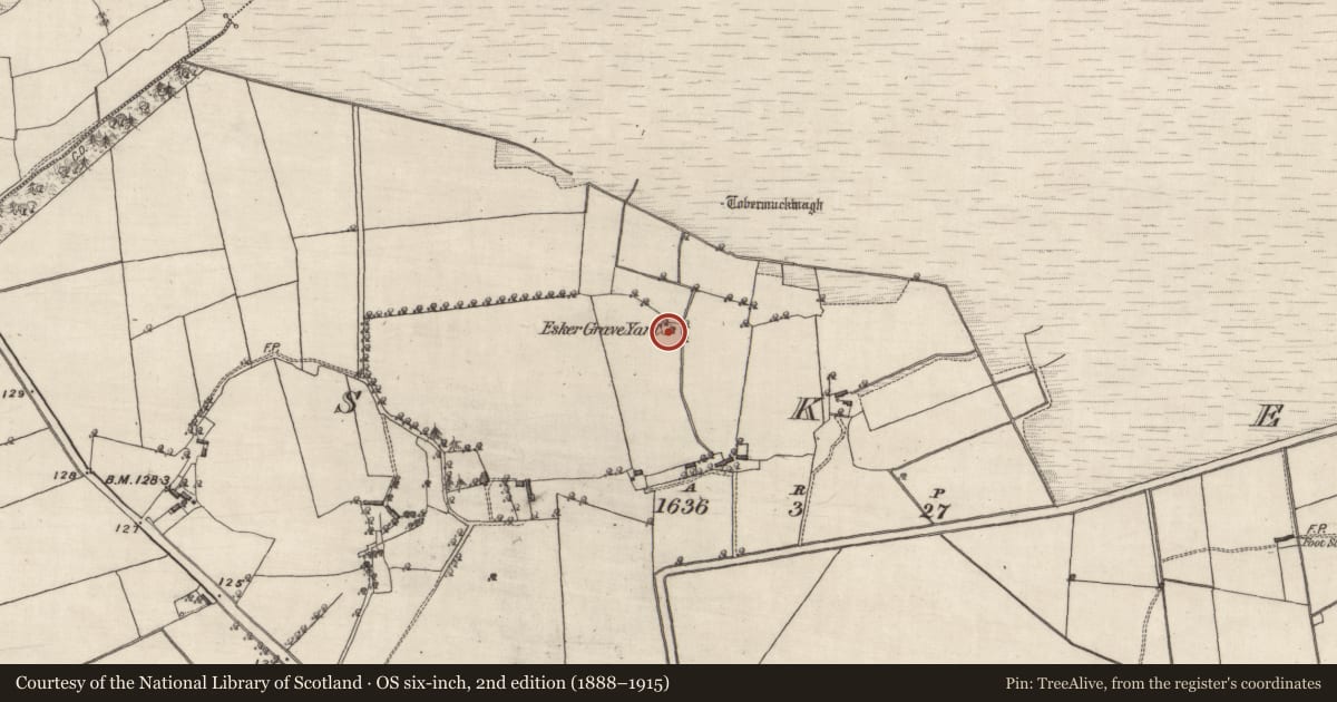 Ordnance Survey six-inch map, 2nd edition (1888–1915) covering the location of Burial ground, Esker, County Galway, with a pin at the register's coordinates