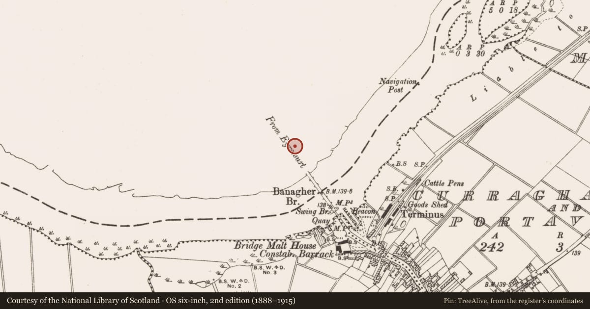 Ordnance Survey six-inch map, 2nd edition (1888–1915) covering the location of Martello tower, Esker, County Galway, with a pin at the register's coordinates