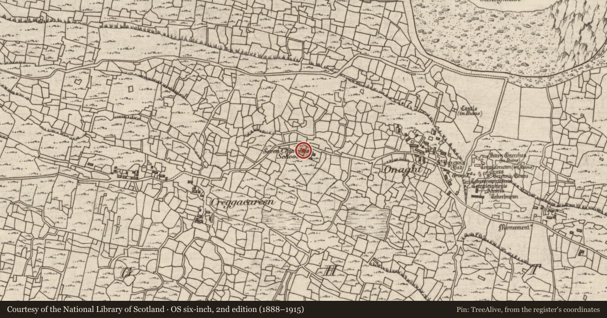 Ordnance Survey six-inch map, 2nd edition (1888–1915) covering the location of Leacht cuimhne, Eoghanacht, County Galway, with a pin at the register's coordinates