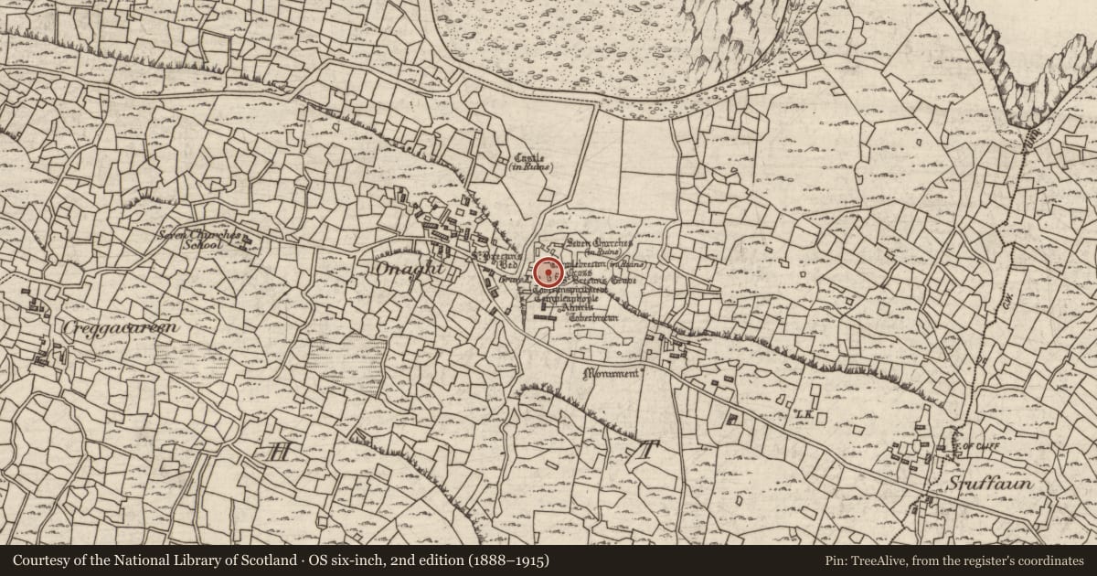 Ordnance Survey six-inch map, 2nd edition (1888–1915) covering the location of Building, Eoghanacht, County Galway, with a pin at the register's coordinates