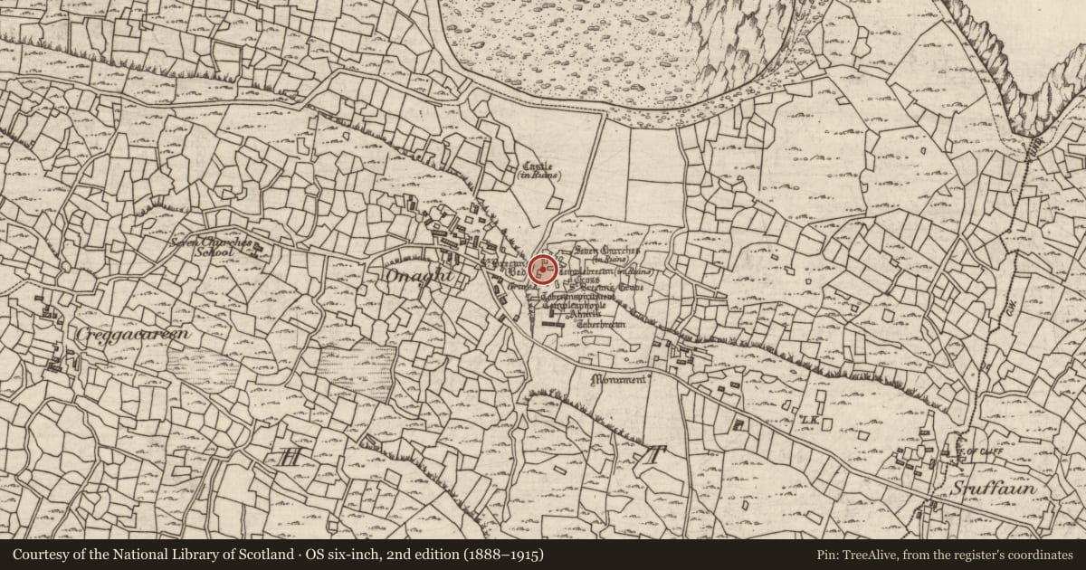 Ordnance Survey six-inch map, 2nd edition (1888–1915) covering the location of Building, Eoghanacht, County Galway, with a pin at the register's coordinates