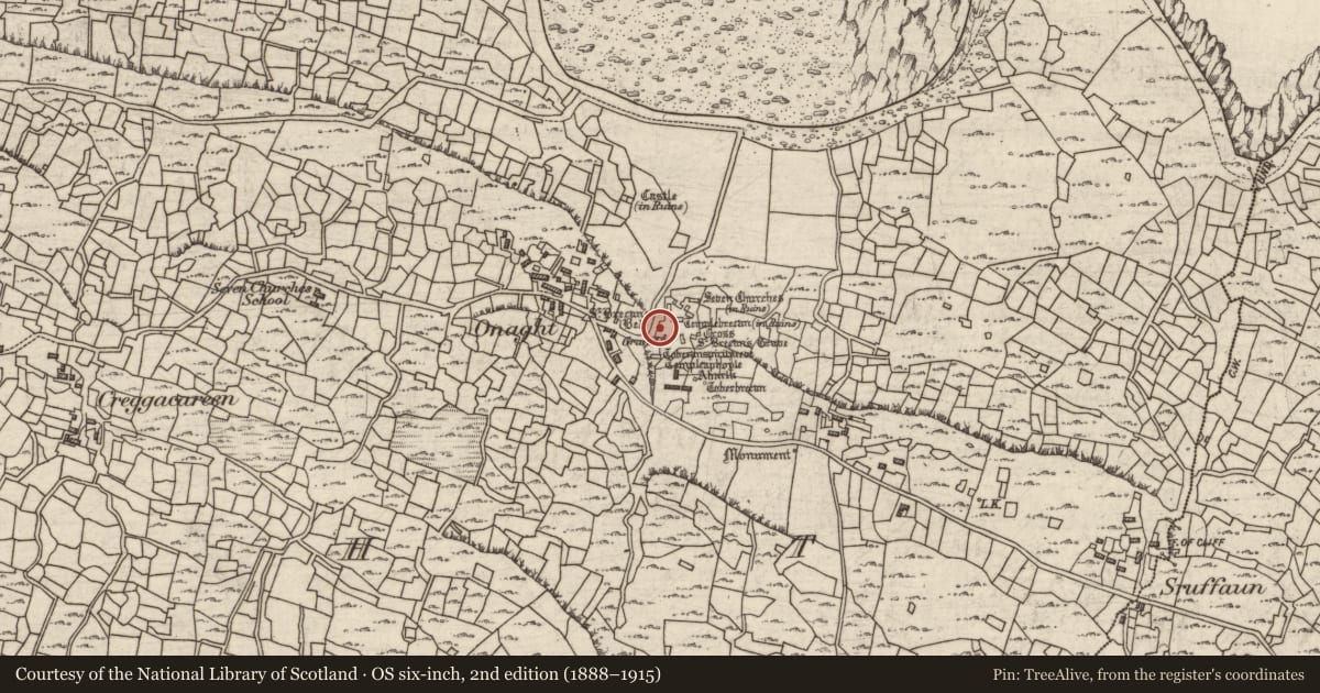 Ordnance Survey six-inch map, 2nd edition (1888–1915) covering the location of Building, Eoghanacht, County Galway, with a pin at the register's coordinates