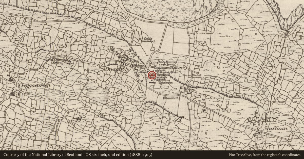 Ordnance Survey six-inch map, 2nd edition (1888–1915) covering the location of Building, Eoghanacht, County Galway, with a pin at the register's coordinates