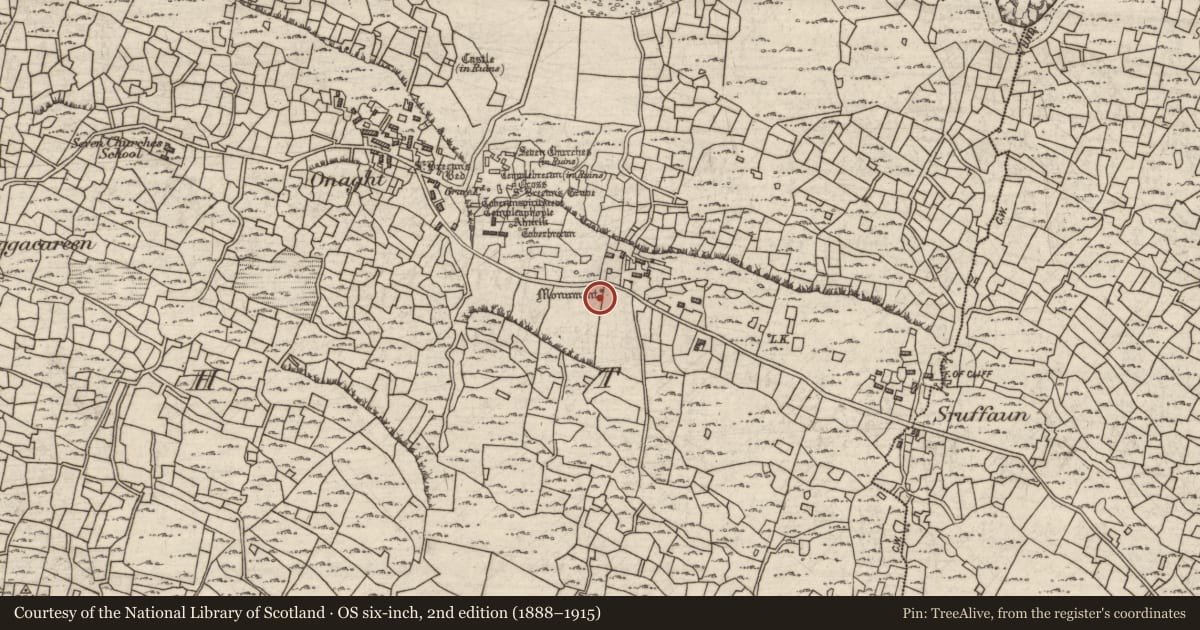 Ordnance Survey six-inch map, 2nd edition (1888–1915) covering the location of Leacht cuimhne, Eoghanacht, County Galway, with a pin at the register's coordinates