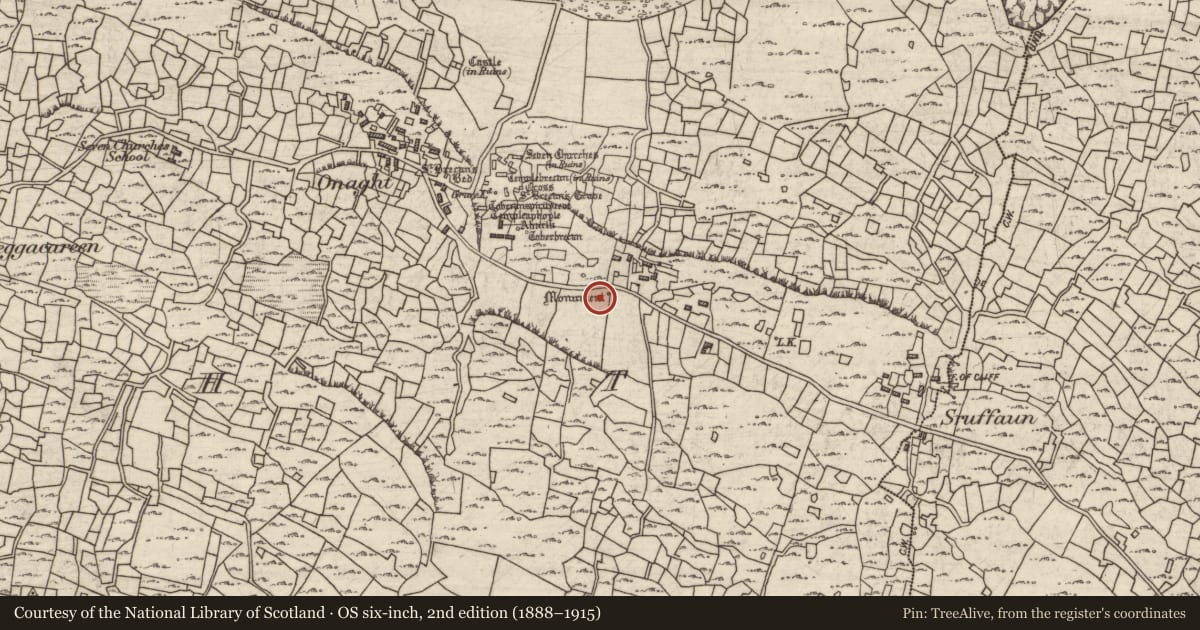 Ordnance Survey six-inch map, 2nd edition (1888–1915) covering the location of Leacht cuimhne, Eoghanacht, County Galway, with a pin at the register's coordinates