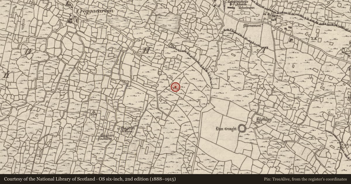 Ordnance Survey six-inch map, 2nd edition (1888–1915) covering the location of Clochan, Eoghanacht, County Galway, with a pin at the register's coordinates