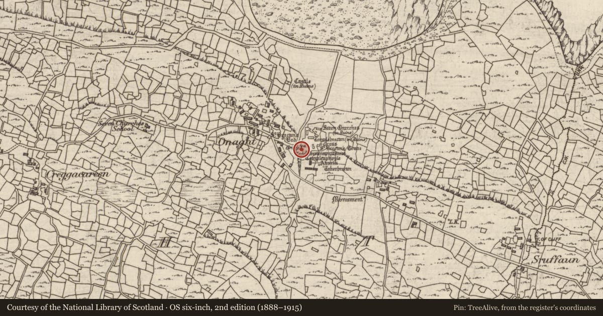 Ordnance Survey six-inch map, 2nd edition (1888–1915) covering the location of Cross-slab, Eoghanacht, County Galway, with a pin at the register's coordinates