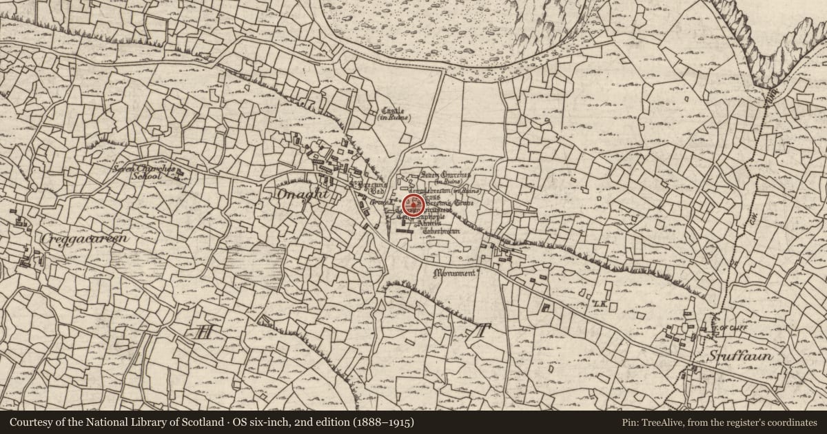 Ordnance Survey six-inch map, 2nd edition (1888–1915) covering the location of Cross-inscribed pillar, Eoghanacht, County Galway, with a pin at the register's coordinates