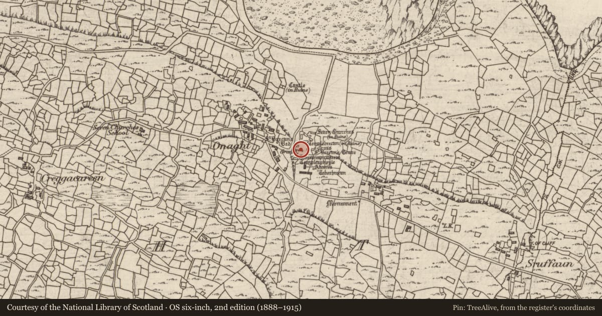 Ordnance Survey six-inch map, 2nd edition (1888–1915) covering the location of Cross-slab, Eoghanacht, County Galway, with a pin at the register's coordinates