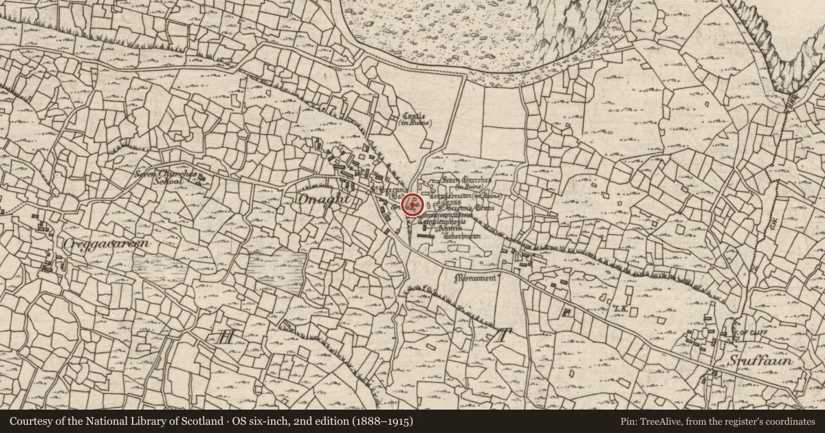 Ordnance Survey six-inch map, 2nd edition (1888–1915) covering the location of Cross, Eoghanacht, County Galway, with a pin at the register's coordinates