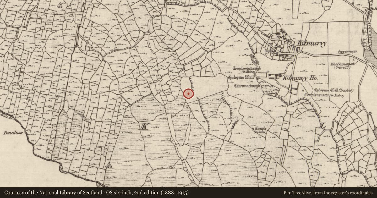 Ordnance Survey six-inch map, 2nd edition (1888–1915) covering the location of Mound, Cill Mhuirbhigh, County Galway, with a pin at the register's coordinates