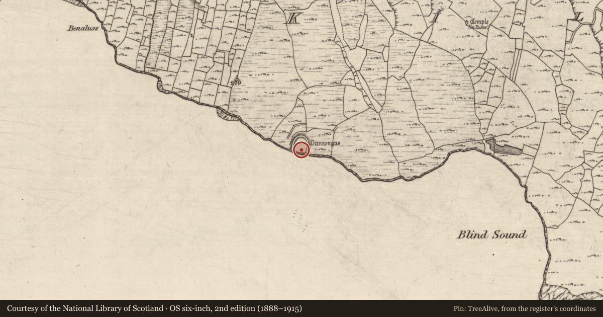 Ordnance Survey six-inch map, 2nd edition (1888–1915) covering the location of Cliff-edge fort, Cill Mhuirbhigh, County Galway, with a pin at the register's coordinates