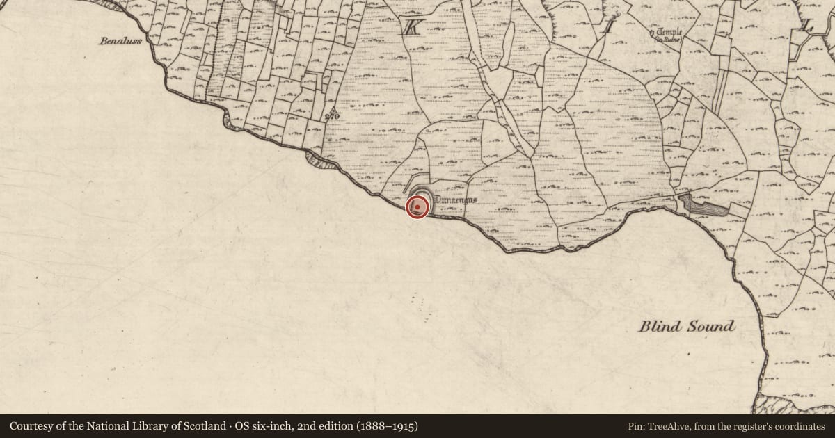 Ordnance Survey six-inch map, 2nd edition (1888–1915) covering the location of Structure, Cill Mhuirbhigh, County Galway, with a pin at the register's coordinates