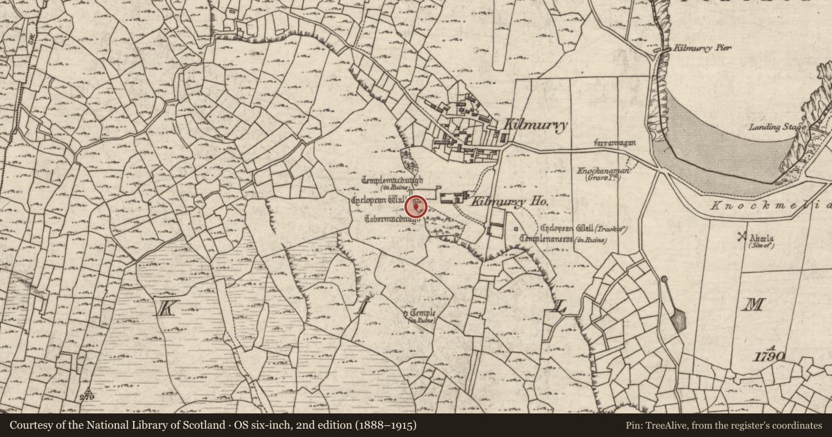 Ordnance Survey six-inch map, 2nd edition (1888–1915) covering the location of Enclosure, Cill Mhuirbhigh, County Galway, with a pin at the register's coordinates